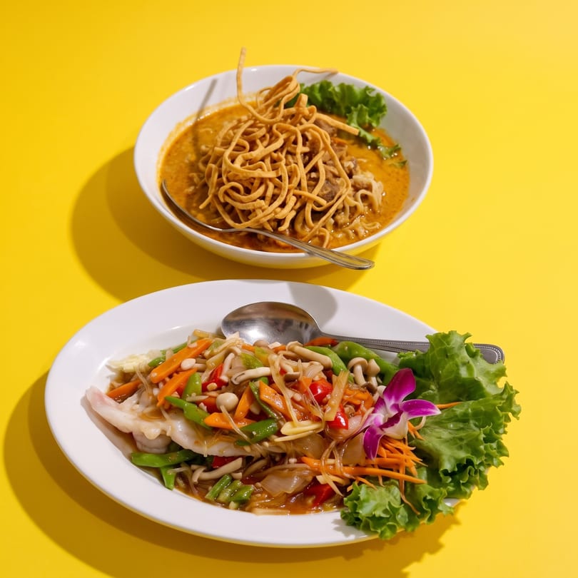 Khao soi and stir-fried seafood with vegetables